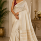Elegant Ivory Cream Linen Tissue Saree with Maroon Designer Blouse & Golden Zari Border