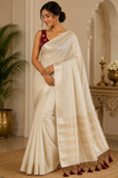 Elegant Ivory Cream Linen Tissue Saree with Maroon Designer Blouse & Golden Zari Border