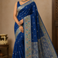 Royal Sapphire Blue Banarasi Tussar Georgette Saree with Silver Floral Bird Border