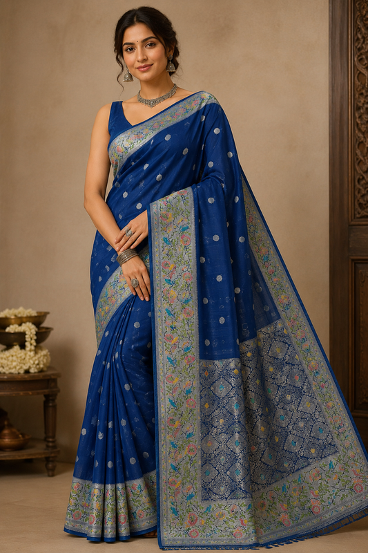 Royal Sapphire Blue Banarasi Tussar Georgette Saree with Silver Floral Bird Border