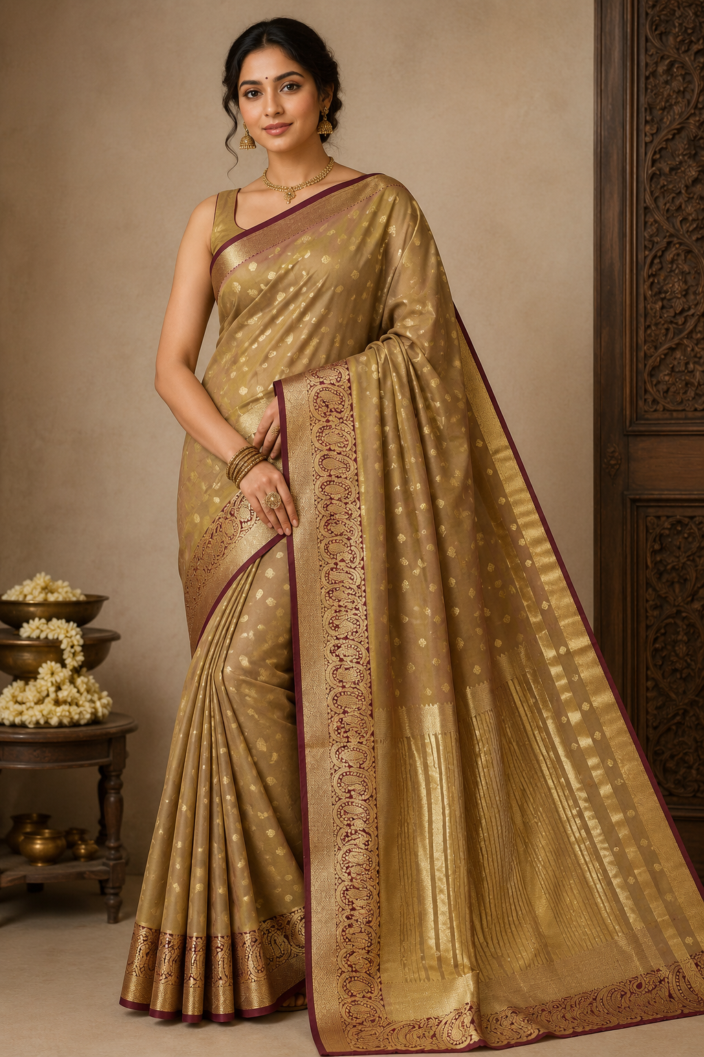 Golden Beige Tussar Semi Silk Saree with Antique Paisley Zari Border