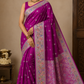 Magenta Bloom Banarasi Tussar Georgette Saree with Silver Floral Bird Border