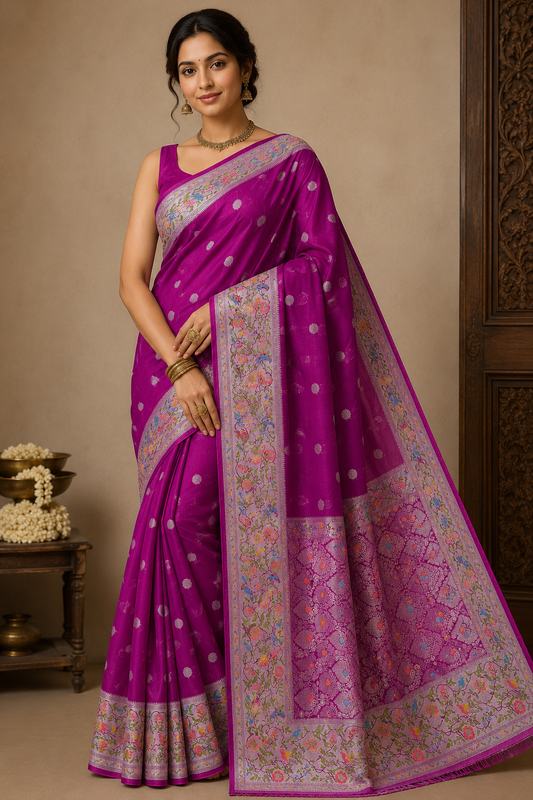 Magenta Bloom Banarasi Tussar Georgette Saree with Silver Floral Bird Border