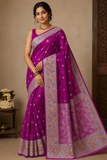 Magenta Bloom Banarasi Tussar Georgette Saree with Silver Floral Bird Border