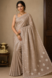 Champagne Beige Tussar Cutwork Semi Silk Saree with Elegant Floral Embroidery