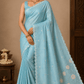 Sky Blue Tussar Cutwork Semi Silk Saree with Floral Embroidered Scallop Border