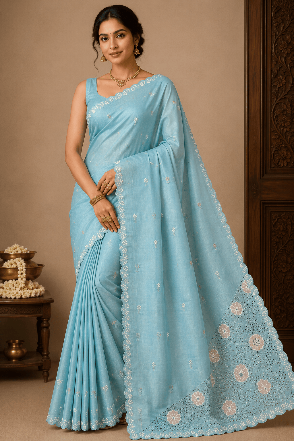 Sky Blue Tussar Cutwork Semi Silk Saree with Floral Embroidered Scallop Border