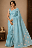 Sky Blue Tussar Cutwork Semi Silk Saree with Floral Embroidered Scallop Border