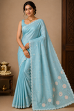 Sky Blue Tussar Cutwork Semi Silk Saree with Floral Embroidered Scallop Border