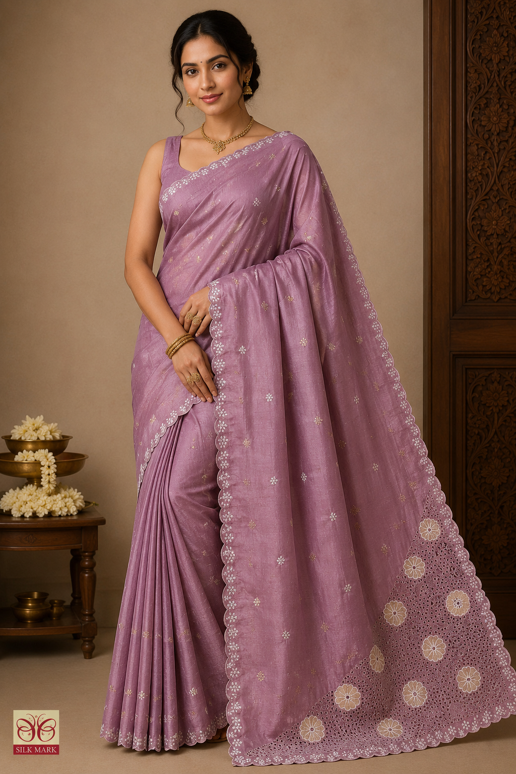 Dusty Rose Tussar Cutwork Semi Silk Saree with Floral Embroidered Scallop Border
