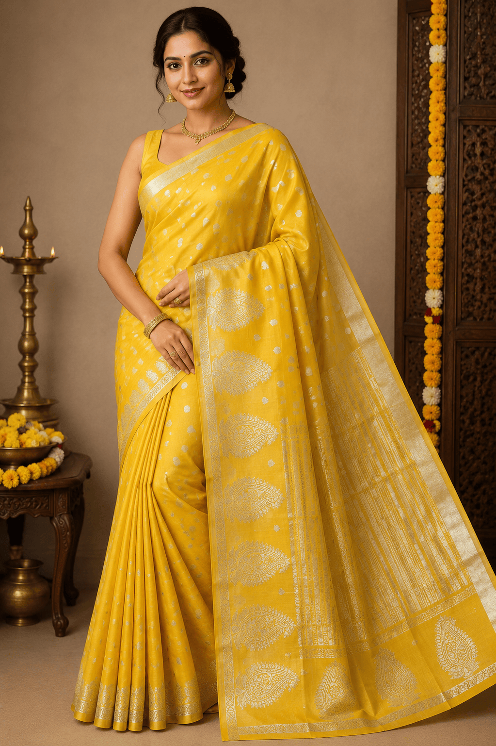 Sunshine Yellow Tussar Semi Silk Saree with Silver Paisley Weaving