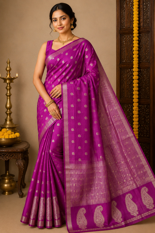 Magenta Pink Tussar Semi Silk Saree with Silver Paisley Weaving