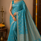 Aqua Blue Tussar Semi Silk Saree with Antique Gold Paisley Weaving