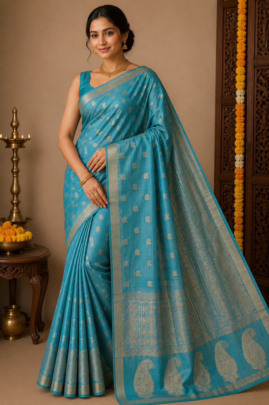 Aqua Blue Tussar Semi Silk Saree with Antique Gold Paisley Weaving
