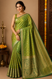 Dual Shade Parrot Green & Olive Green Tussar Semi Silk Saree with Rich Zari Border