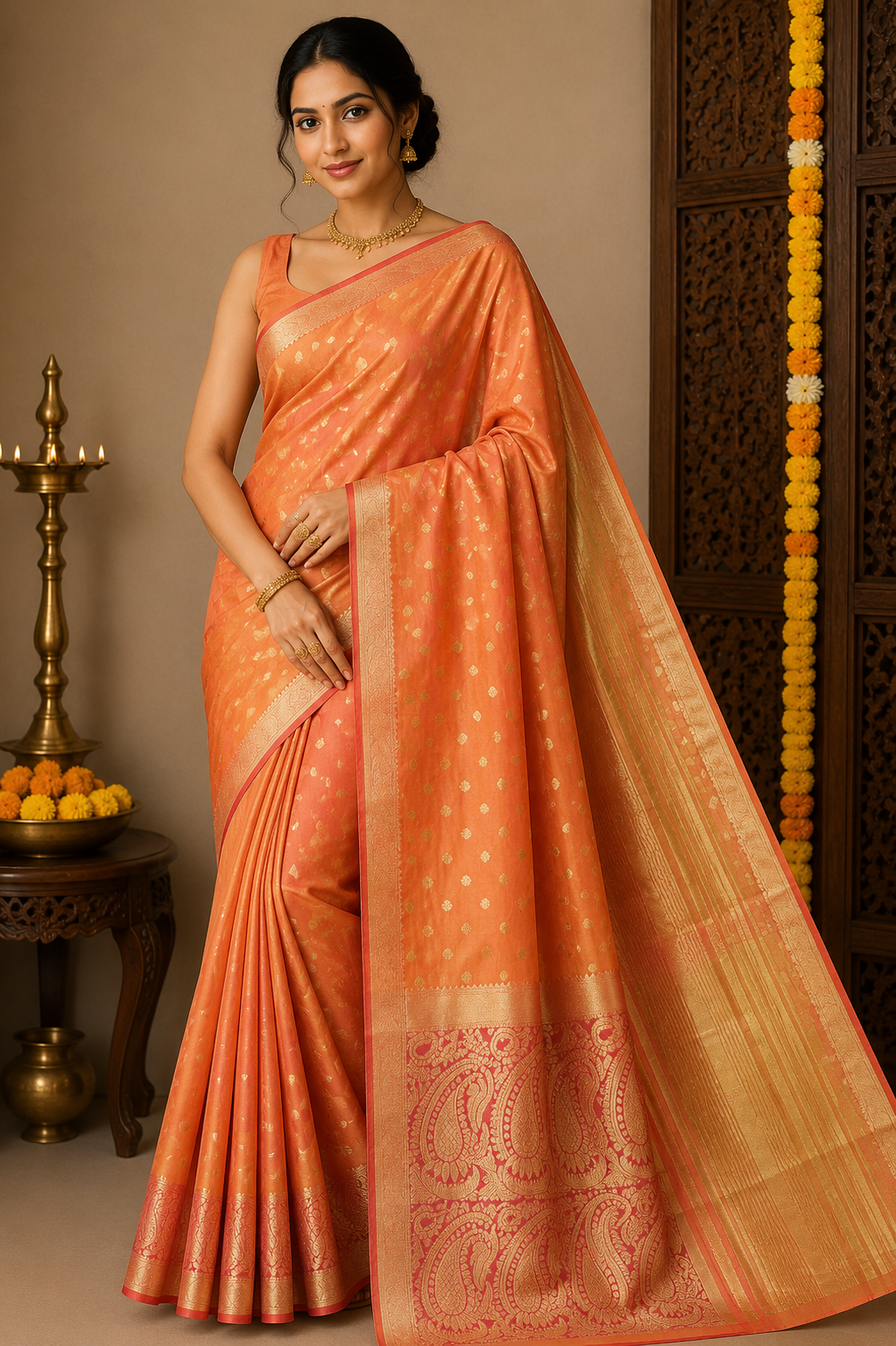 Dual Shade Peach Orange Tussar Semi Silk Saree with Rich Gold Zari Border