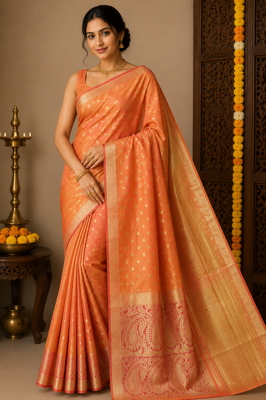 Dual Shade Peach Orange Tussar Semi Silk Saree with Rich Gold Zari Border