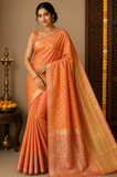 Dual Shade Peach Orange Tussar Semi Silk Saree with Rich Gold Zari Border