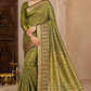 Olive Green Dual Shade Tussar Semi Silk Saree with Antique Gold Paisley Border