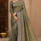 Olive Grey Dual Shade Tussar Semi Silk Saree with Royal Blue Zari Border