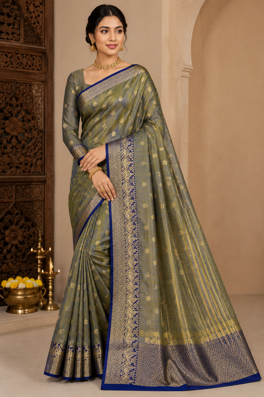 Olive Grey Dual Shade Tussar Semi Silk Saree with Royal Blue Zari Border