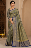 Olive Grey Dual Shade Tussar Semi Silk Saree with Royal Blue Zari Border
