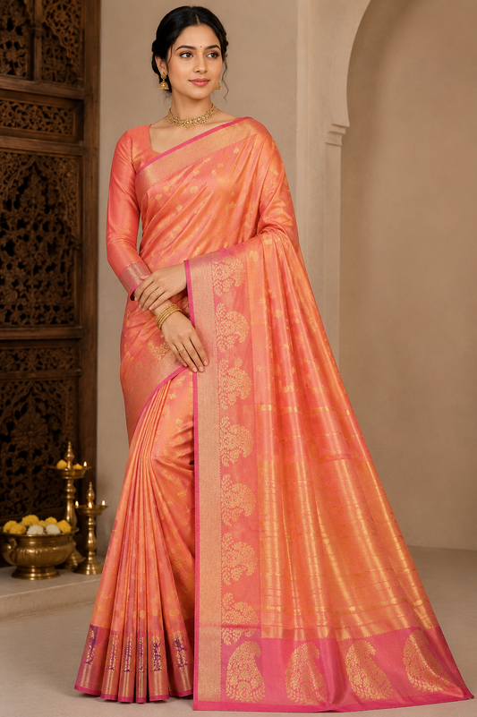 Peach Coral Dual Shade Tussar Semi Silk Saree with Rose Pink Zari Border