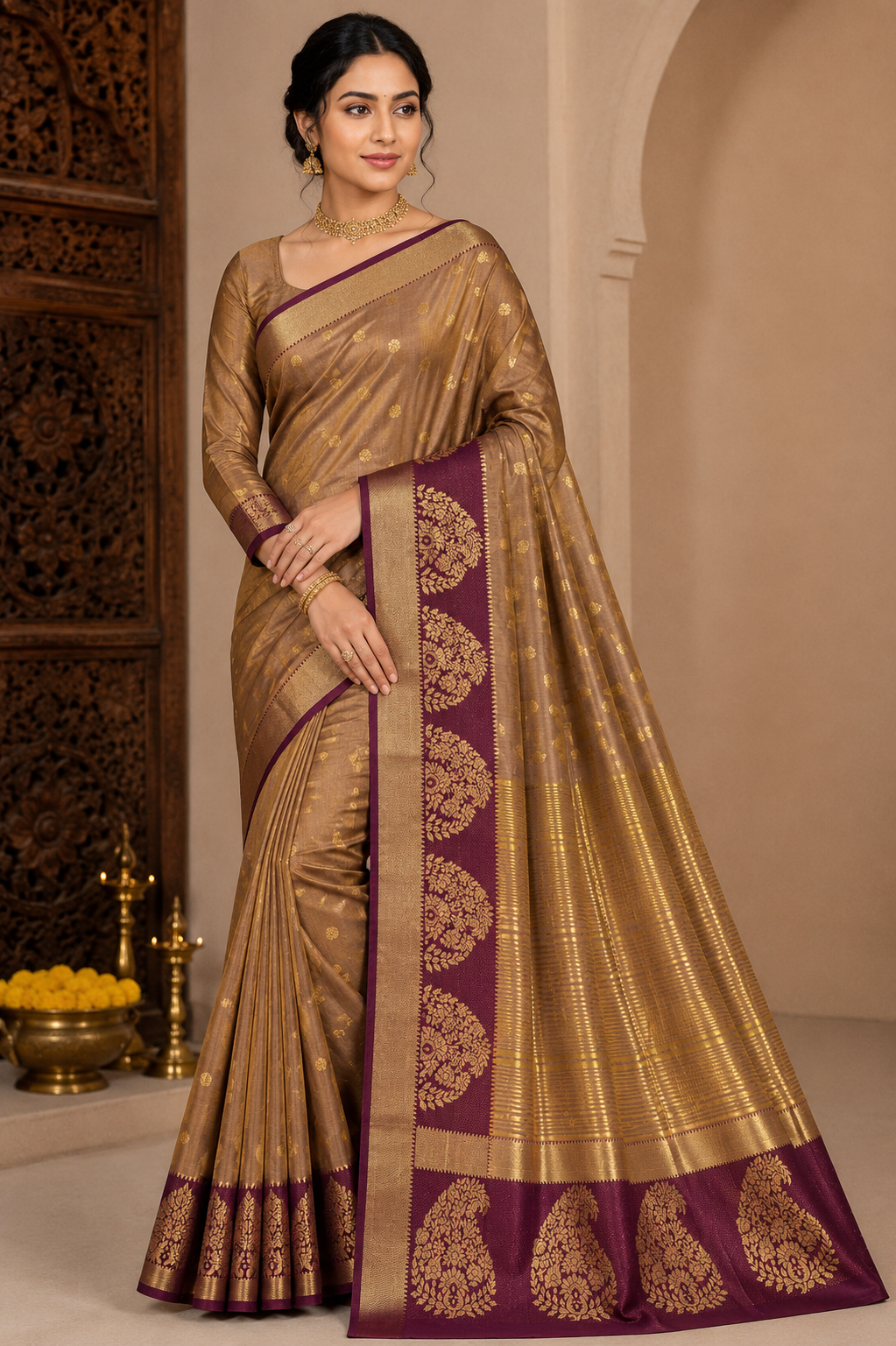 Golden Beige Dual Shade Tussar Semi Silk Saree with Wine Purple Zari Border