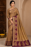 Golden Beige Dual Shade Tussar Semi Silk Saree with Wine Purple Zari Border