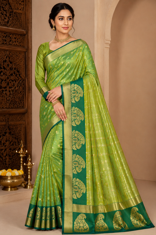 Parrot Green Dual Shade Tussar Semi Silk Saree with Peacock Green Zari Border