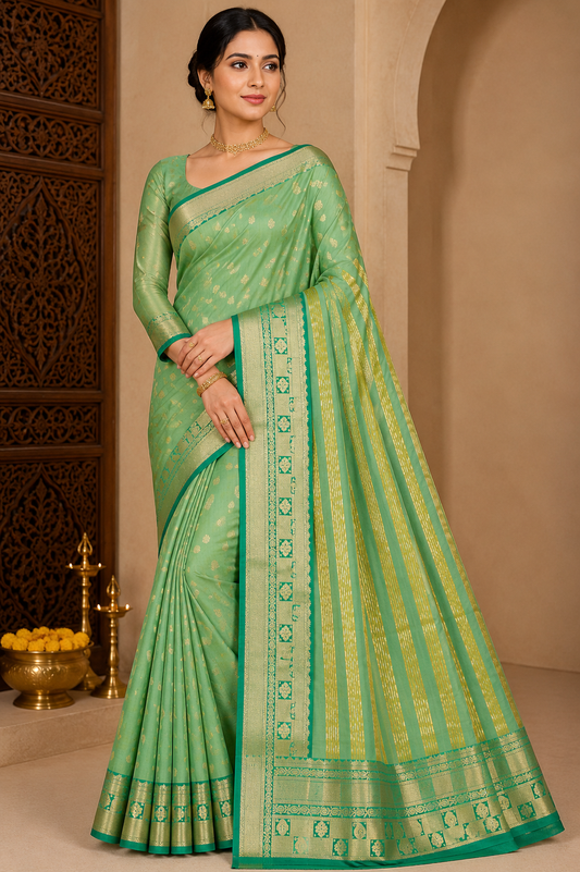 Mint Green Dual Shade Tussar Semi Silk Saree with Teal Green Zari Border