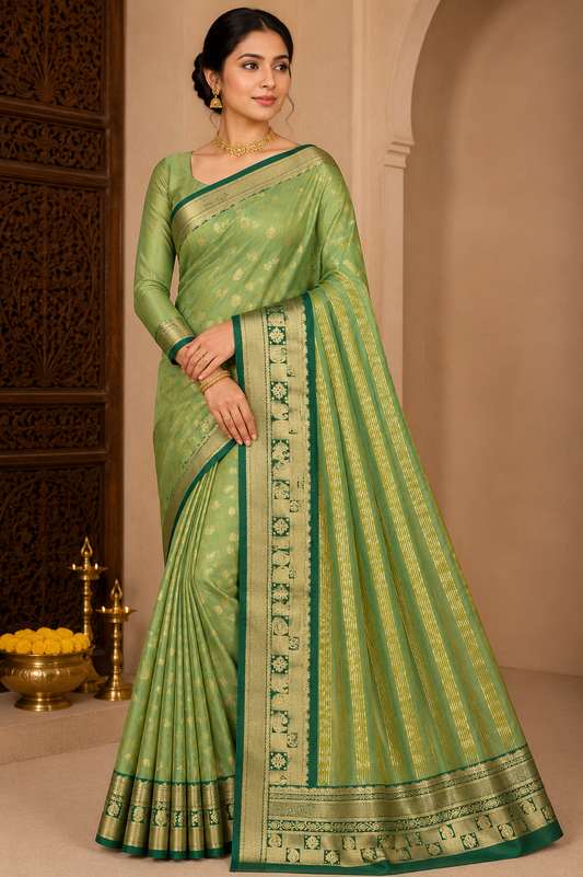 Pista Green Dual Shade Tussar Semi Silk Saree with Emerald Green Zari Border