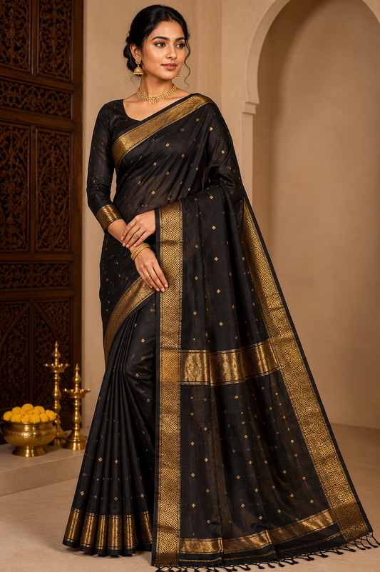 Classic Black Pure Maheshwari Handloom Silk Saree with Antique Gold Zari Border