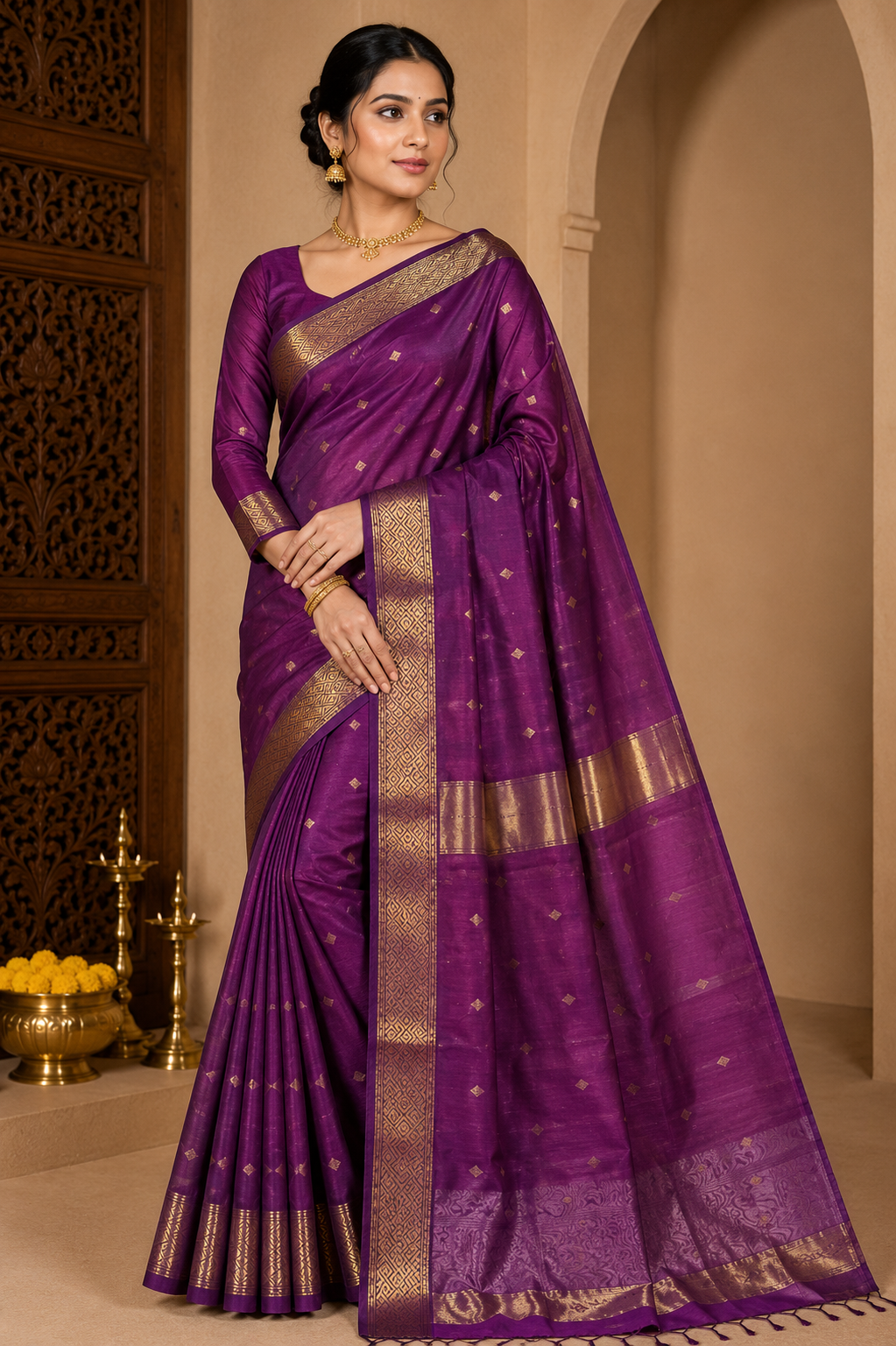 Royal Purple Pure Maheshwari Handloom Silk Saree with Antique Gold Zari Border