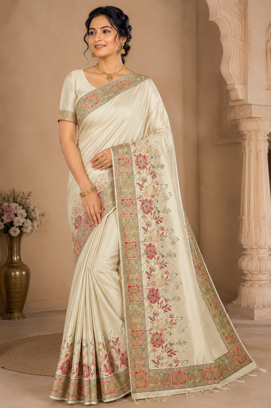 Tussar Semi Silk Floral Heritage Saree – Ivory Cream with Antique Gold Woven Border