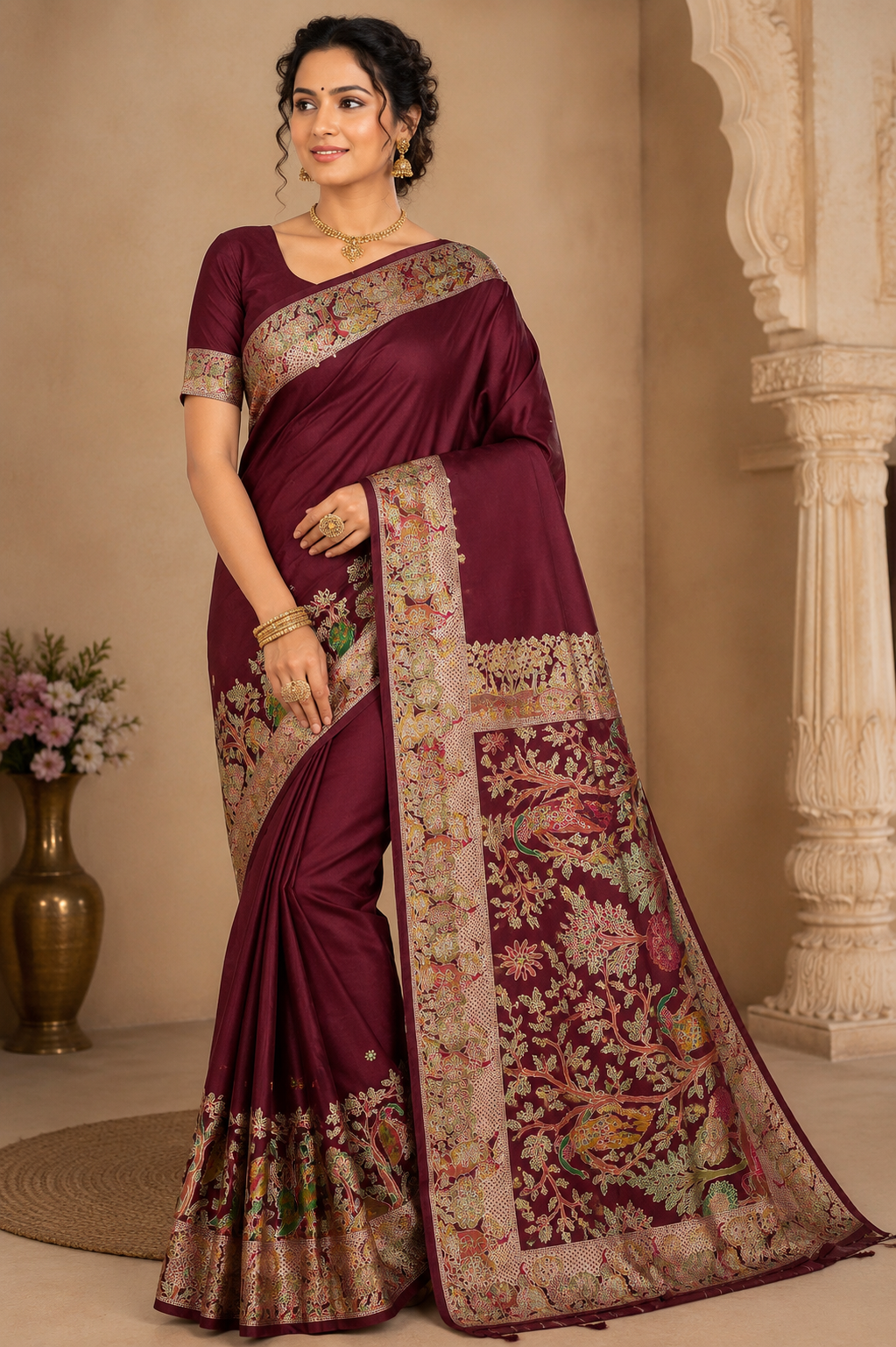 Peacock & Forest Heritage Saree – Deep Maroon with Antique Gold Woven Pallu