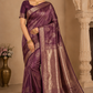 Designer Satin Silk Saree – Royal Wine Purple with Golden Zari Geometric Weaving