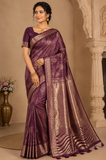 Designer Satin Silk Saree – Royal Wine Purple with Golden Zari Geometric Weaving