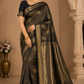 Designer Satin Silk Saree – Midnight Black with Antique Gold Zari Weaving