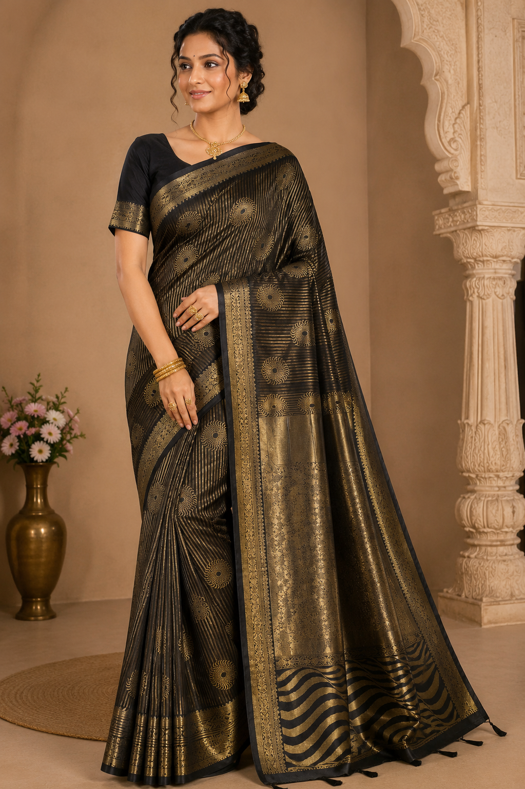 Designer Satin Silk Saree – Midnight Black with Antique Gold Zari Weaving