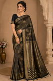 Designer Satin Silk Saree – Midnight Black with Antique Gold Zari Weaving