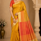 Premium Raw Silk Saree – Mustard Gold with Coral Red Striped Pallu