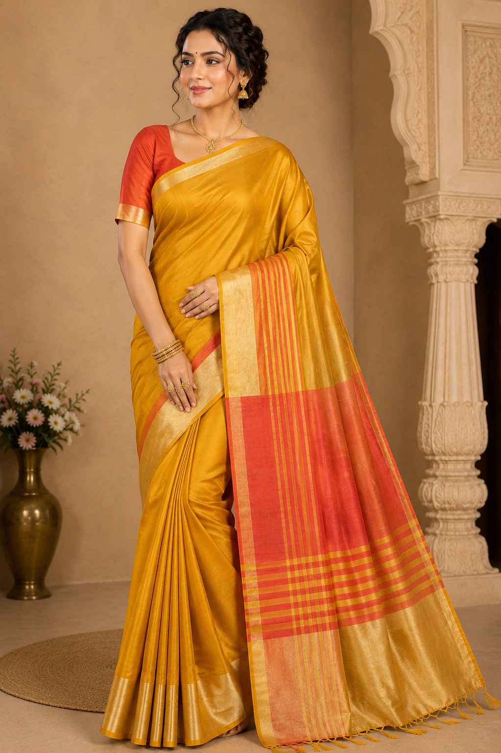 Premium Raw Silk Saree – Mustard Gold with Coral Red Striped Pallu