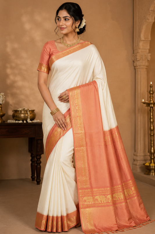 Elegant Off-White Mysore Silk Saree with Peach Zari Pallu & Traditional Gaja Border