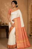 Elegant Off-White Mysore Silk Saree with Peach Zari Pallu & Traditional Gaja Border
