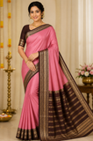 Mysore Silk Saree in Rose Pink with Coffee Brown Gold Zari Border & Pallu