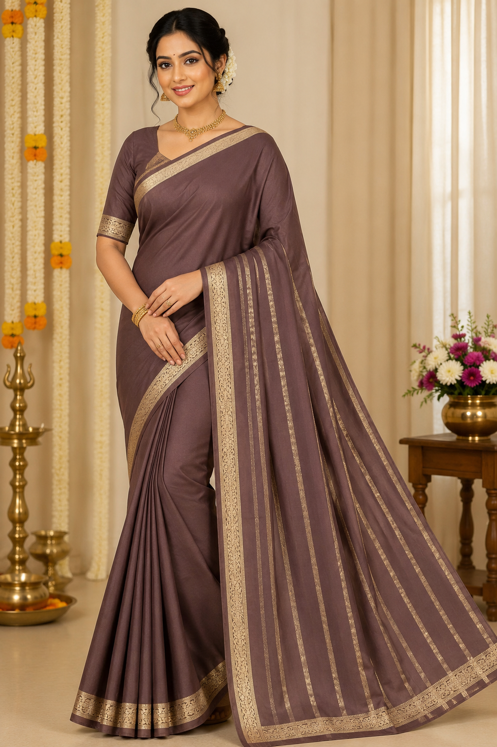 Mysore Silk Saree in Mocha Brown with Gold Zari Border & Self Striped Pallu