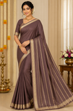 Mysore Silk Saree in Mocha Brown with Gold Zari Border & Self Striped Pallu