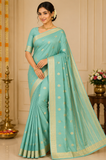 Mysore Silk Light Aqua Green Saree with Gold Zari Buttas & Traditional Gold Border