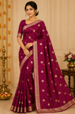 Deep Wine Magenta Mysore Silk Saree with Antique Gold Zari Buttas & Traditional Border